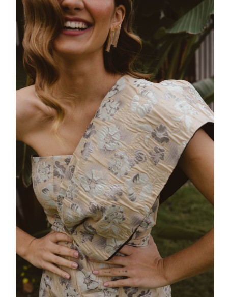 Gold, aqua green and lilac midi dress with brocade flowers