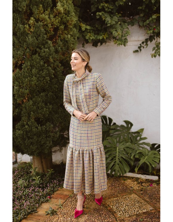 Robe midi en tweed multicolore avec laçage et volant 2