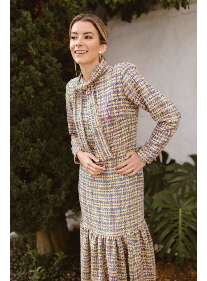 Multicolor tweed midi dress with lacing and ruffle