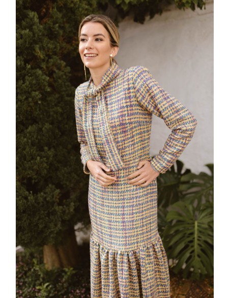Robe midi en tweed multicolore avec laçage et volant