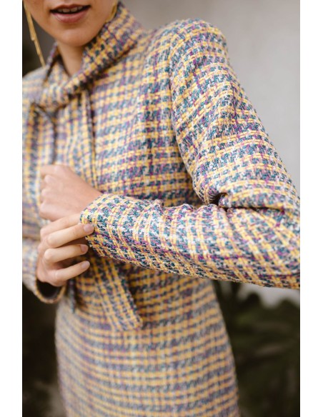 Multicolor tweed midi dress with lacing and ruffle