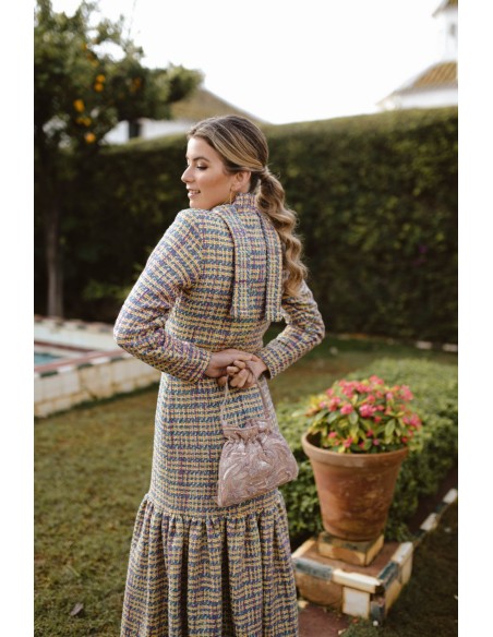 Vestido midi de tweed multicolor con lazada y volante