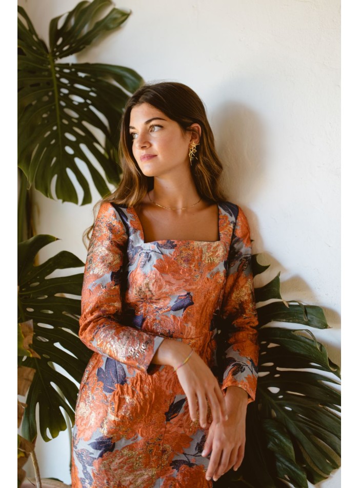 Orange and blue floral midi dress with square...