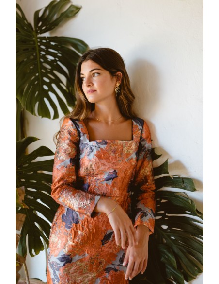 Robe midi à encolure carrée et à fleurs orange et bleues