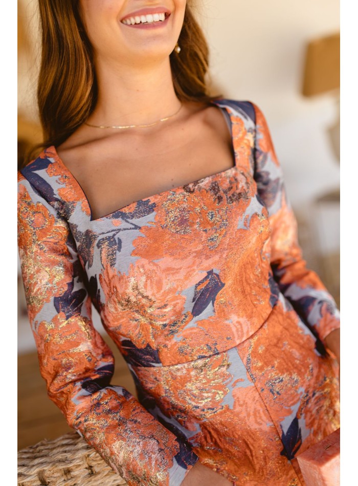Robe midi à encolure carrée et à fleurs orange...