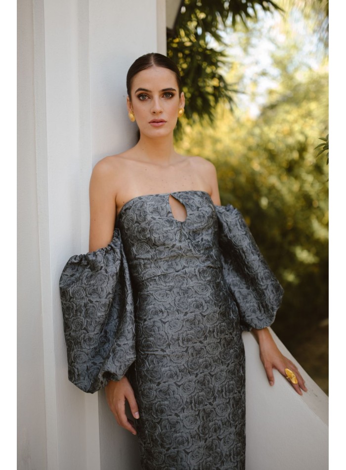 Grey and black brocade party top with balloon...