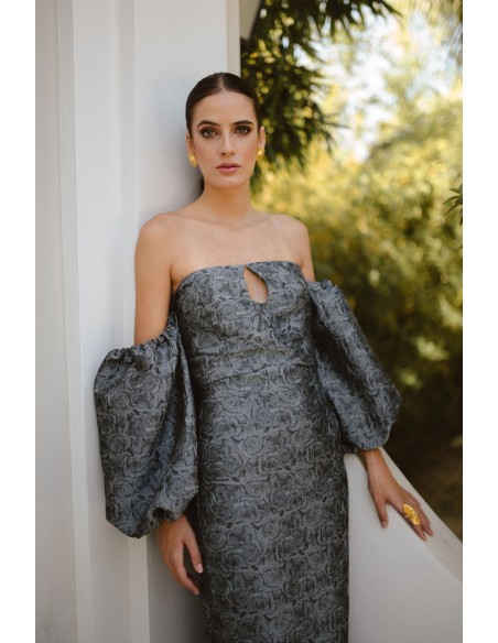 Grey and black brocade party top with balloon sleeves