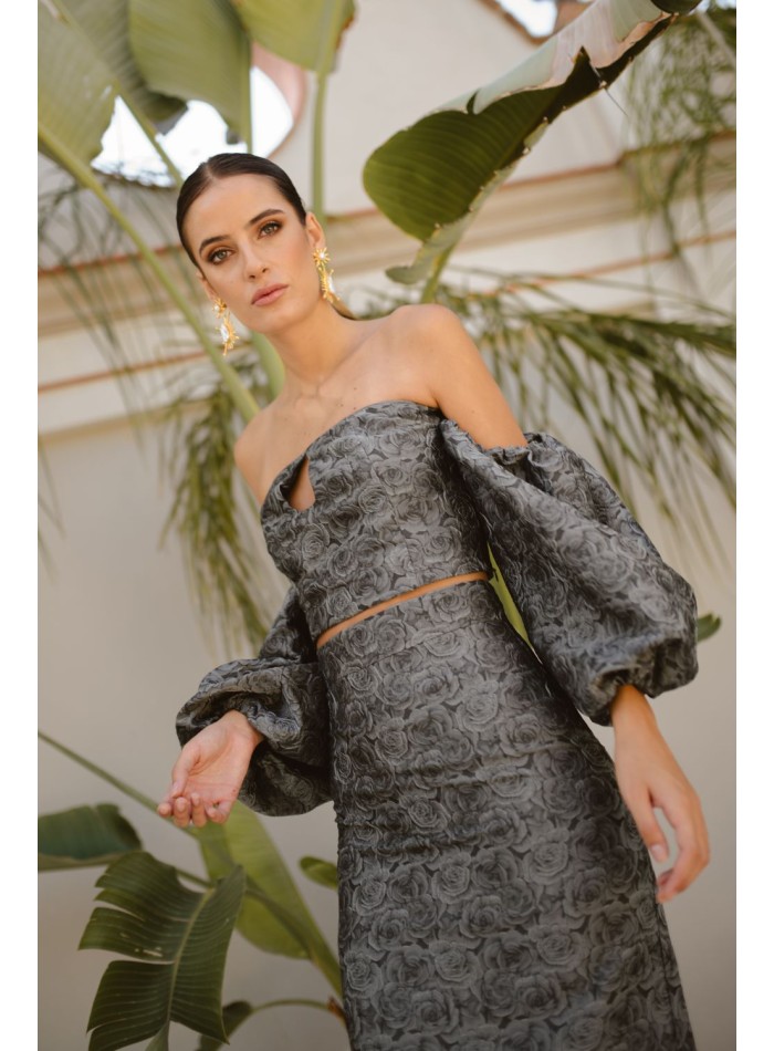 Top de fête en brocart gris et noir avec...