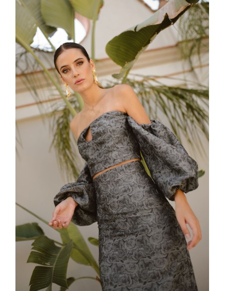 Grey and black brocade party top with balloon sleeves