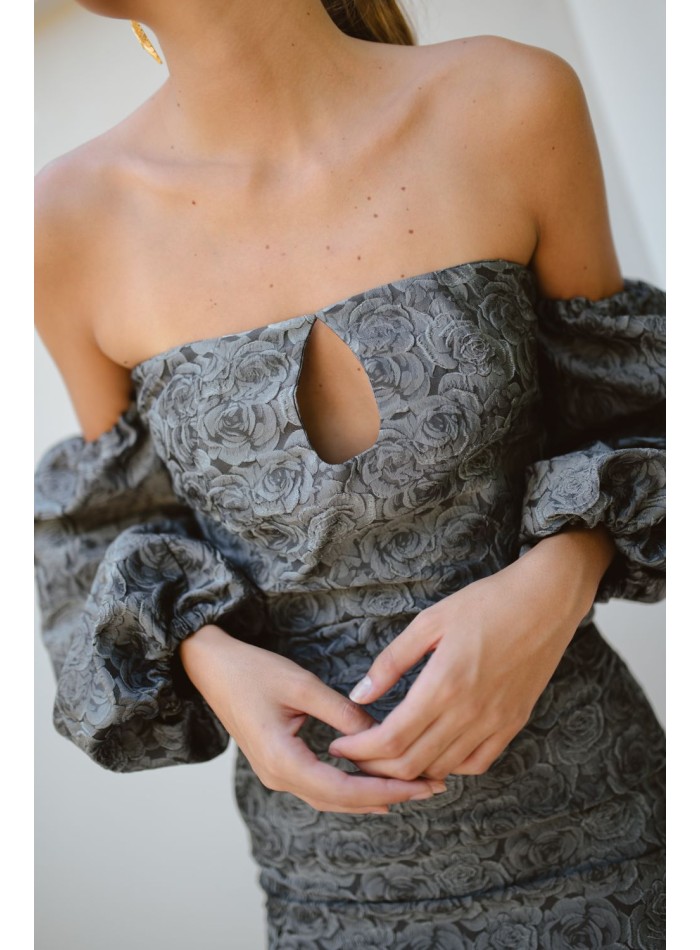 Grey and black brocade party top with balloon...