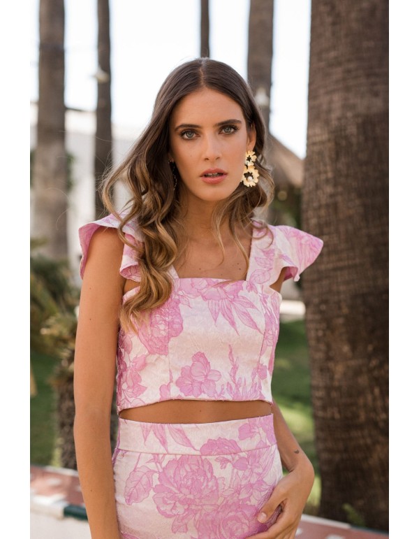 Top brocado rosa estampado con volantes para graduaciones 2