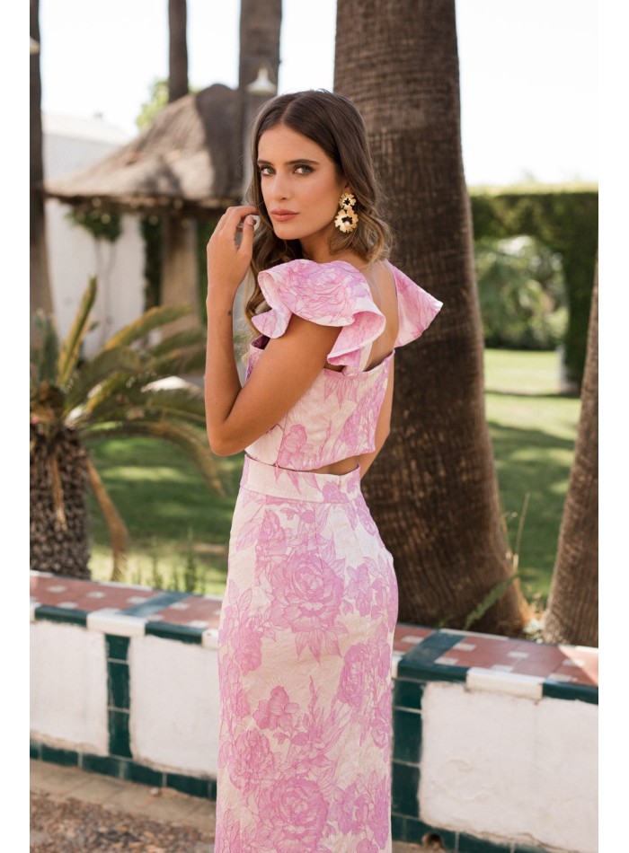 Top brocado rosa estampado con volantes