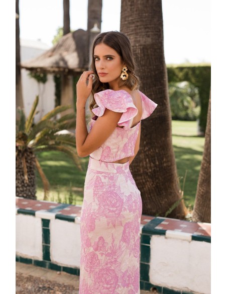 Pink printed brocade top with ruffles