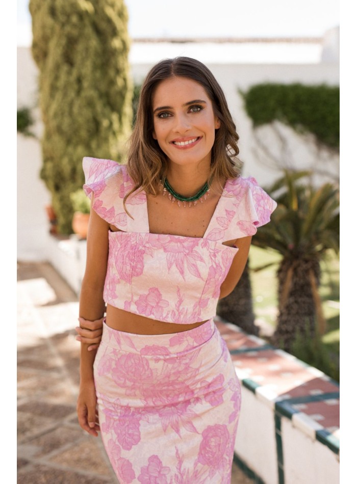 Top en brocart imprimé rose avec volants