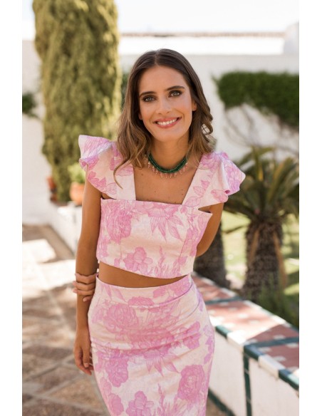 Top brocado rosa estampado con volantes para bautizos