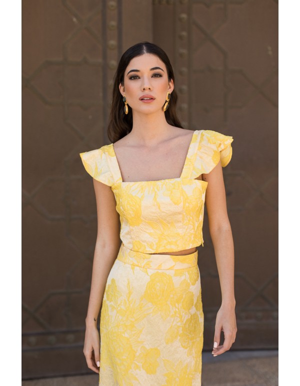 Yellow printed party top with ruffled shoulder straps 2