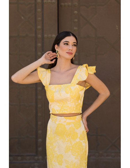 Yellow printed party top with ruffled shoulder straps