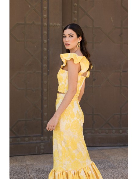 Yellow printed party top with ruffled shoulder straps
