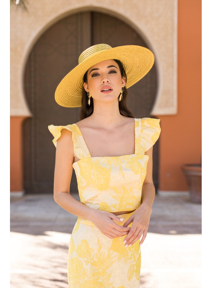 Yellow printed party top with ruffled shoulder...