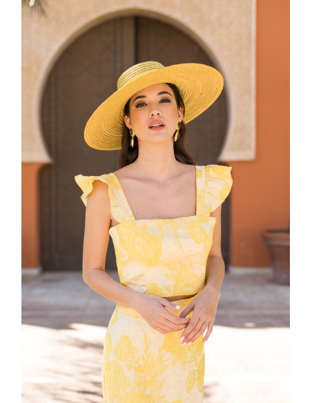 Yellow printed party top with ruffled shoulder straps