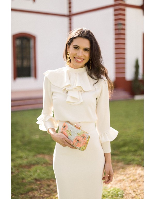 Ecru blouse with ruffled collar and long sleeves 2