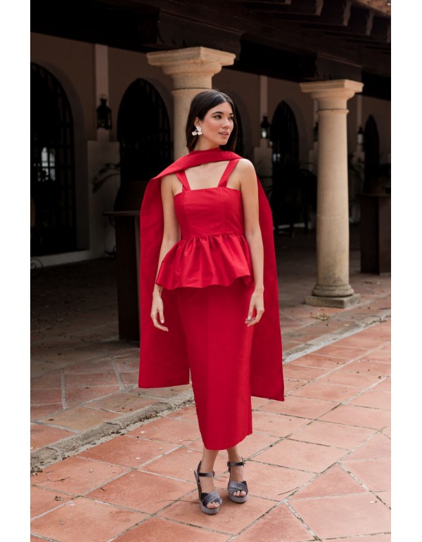 falda midi recta en tafetán rojo para invitada de boda 2