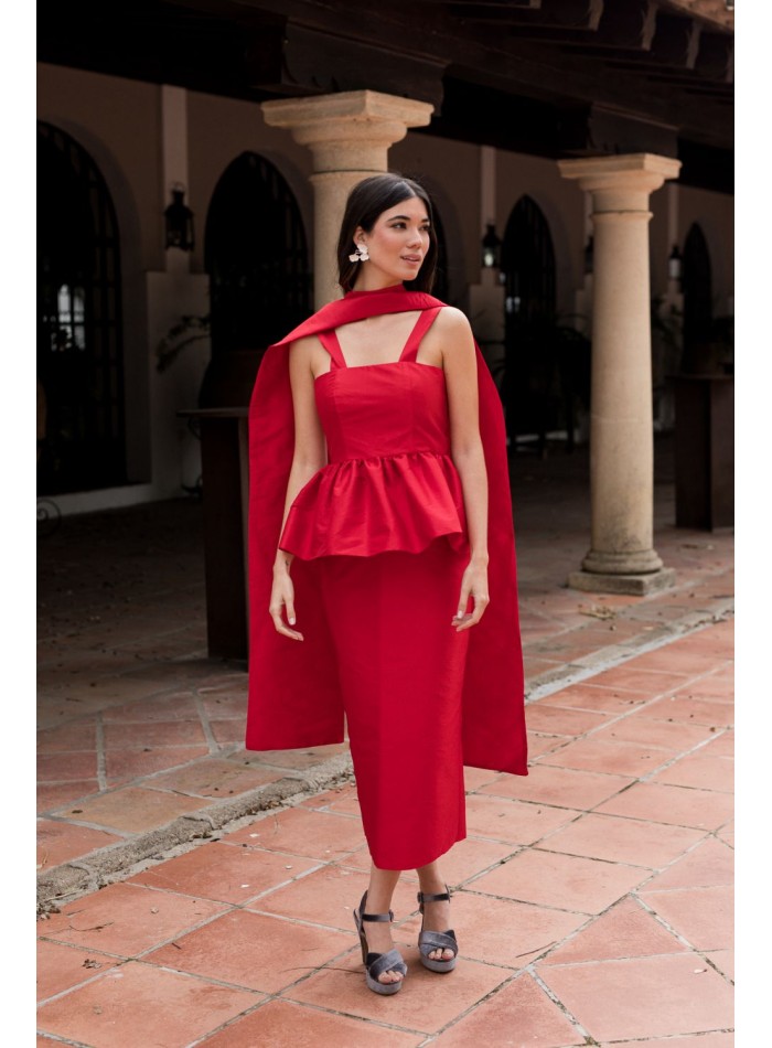 falda midi recta en tafetán rojo para eventos especiales