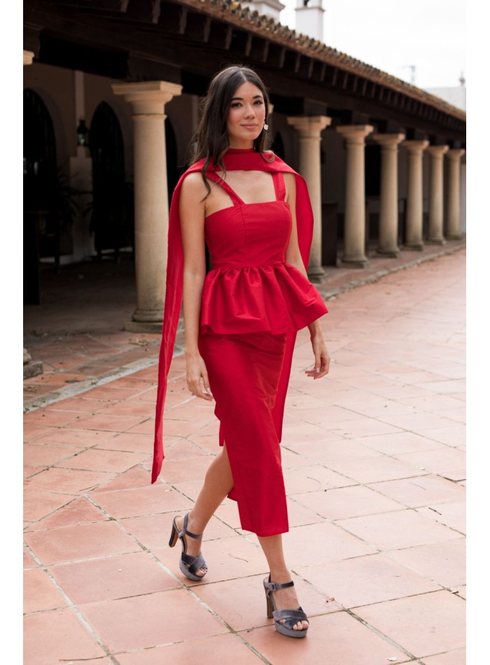 falda midi recta en tafetán rojo para graduaciones