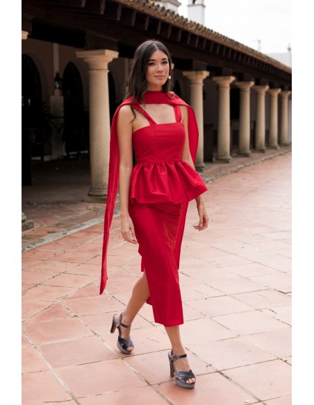 falda midi recta en tafetán rojo para graduaciones