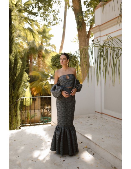 Jupe longue à volants en brocart gris et noir