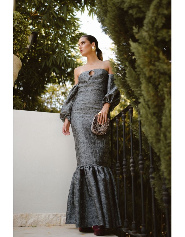 Grey and black brocade long skirt with flounce 2