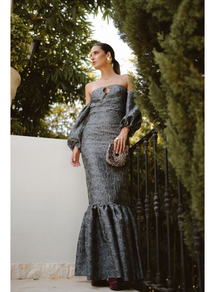 Grey and black brocade long skirt with flounce