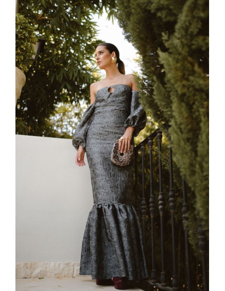 Falda larga brocada gris y negro con volante para bodas