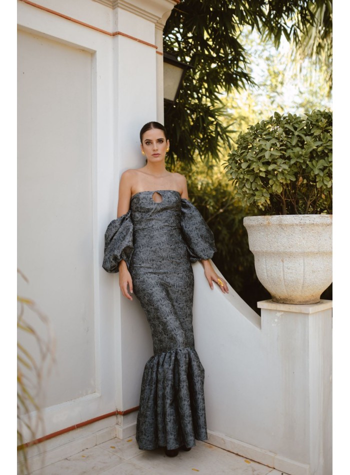 Grey and black brocade long skirt with flounce