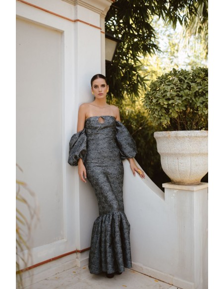 Grey and black brocade long skirt with flounce