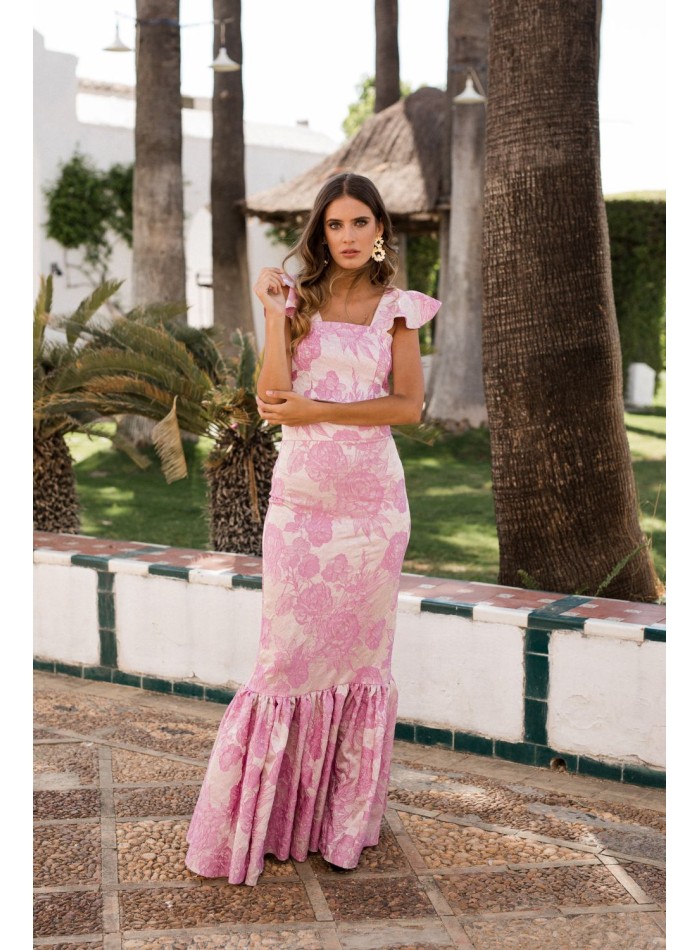 Falda larga rosa brocada con maxi volantes para eventos