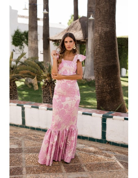 Falda larga rosa brocada con maxi volantes para eventos