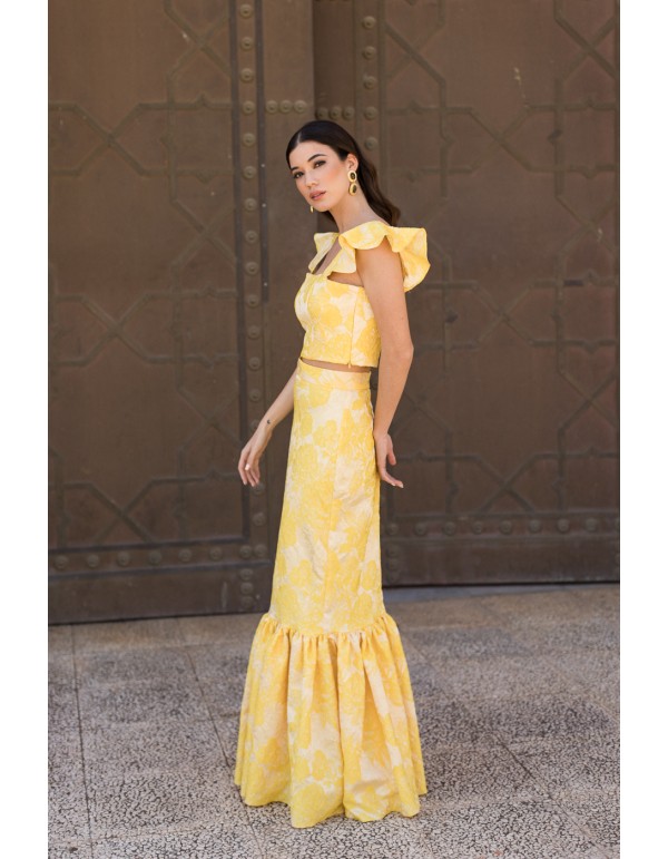 Yellow printed long skirt with maxi frill 2