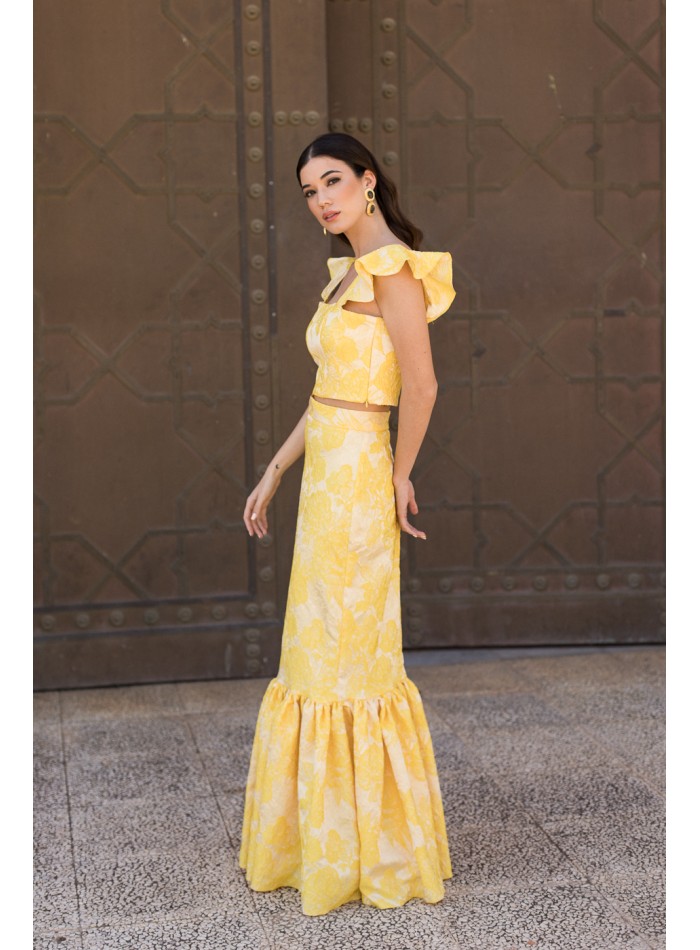 Yellow printed long skirt with maxi frill