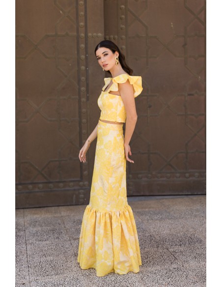 Yellow printed long skirt with maxi frill