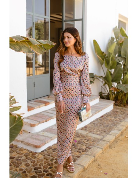 Patterned midi party skirt with back slit