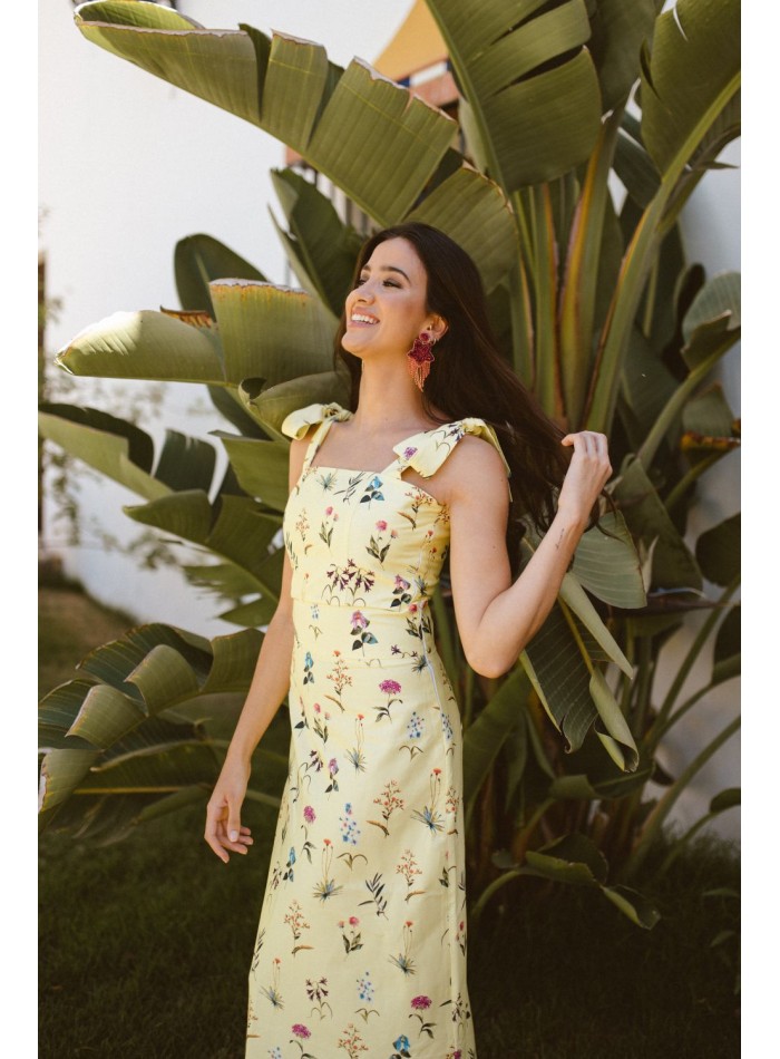 Jupe midi évasée jaune à imprimé floral