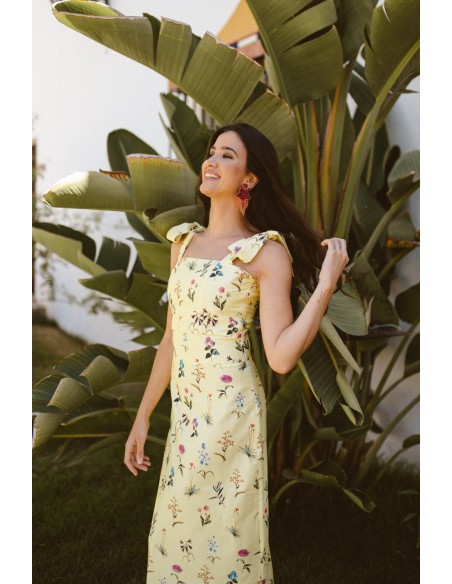 Jupe midi évasée jaune à imprimé floral