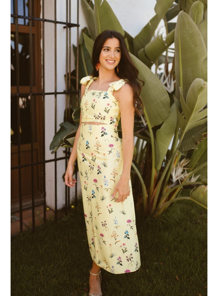 Yellow flared midi skirt with floral print