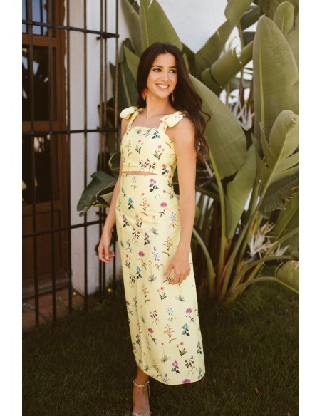 Yellow flared midi skirt with floral print