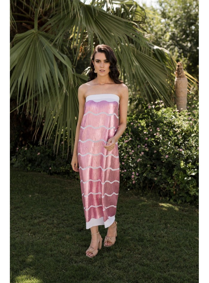 Robe de soirée midi à imprimé paillettes rose