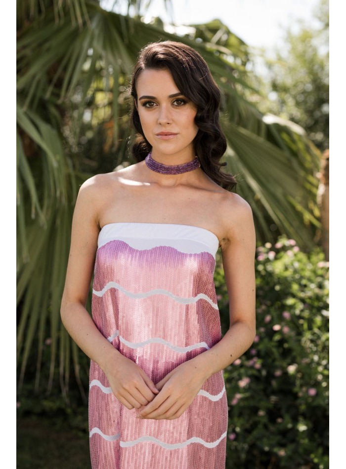 Robe de soirée midi à imprimé paillettes rose