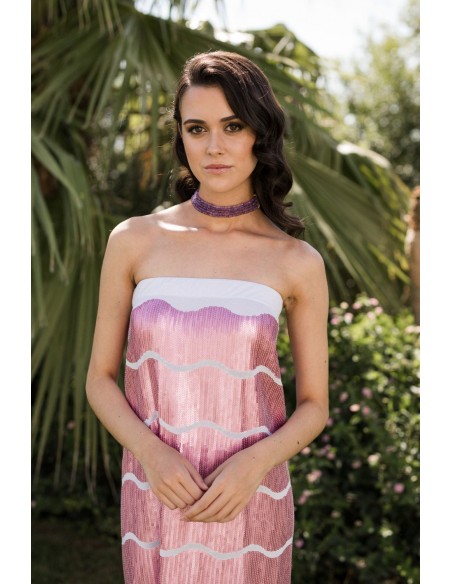 Pink sequin printed midi party dress with sequin print