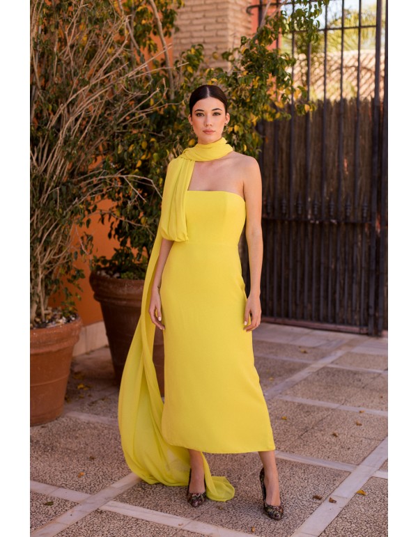 Vestido midi de fiesta amarillo palabra de honor con gasa para ocasiones especiales 2