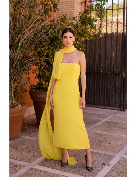 Yellow strapless chiffon midi party dress